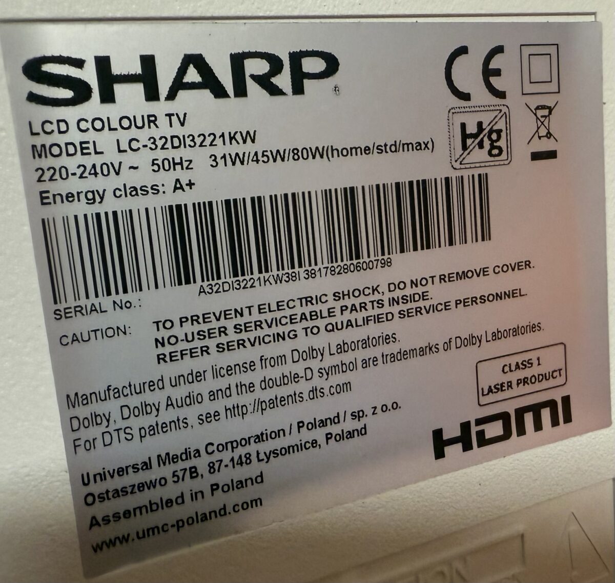 Sharp 32 inch white TV - Image 3